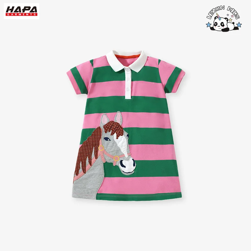 LEZONKIDS - New Arrive Children Short Sleeve Striped Cotton Animal Printing Girls Dress for Daily Life